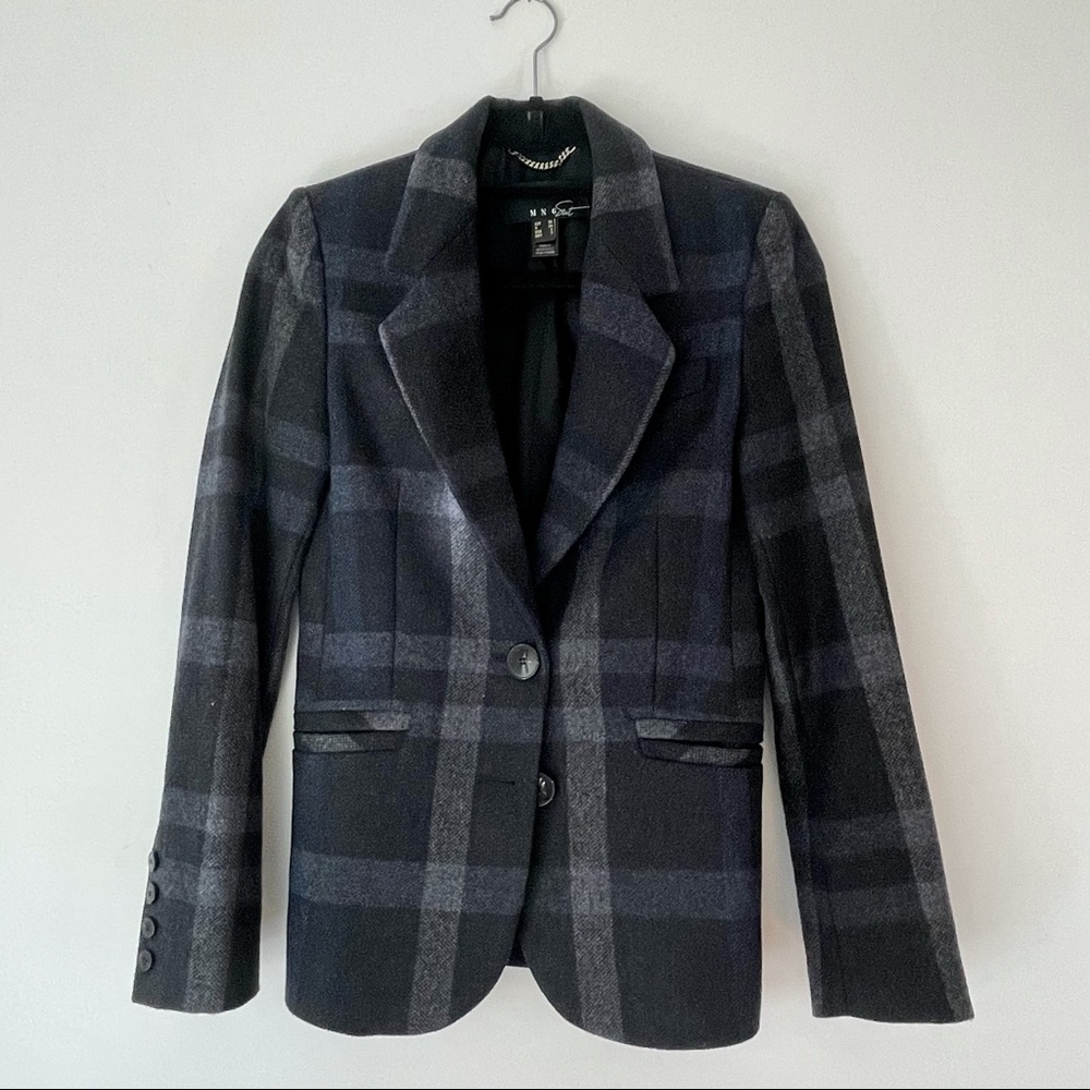 MANGO navy plaid wool blazer